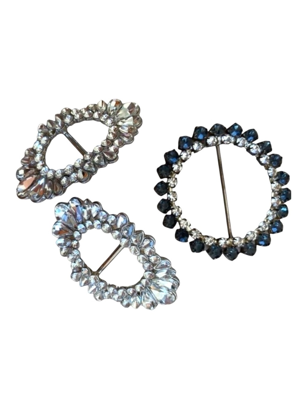Vintage Stunning 3 belt buckles pieces incrusted crystal silver metal blue round